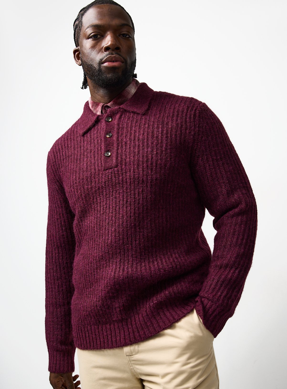 Dark Red Wool Blend Long Sleeve Polo XL