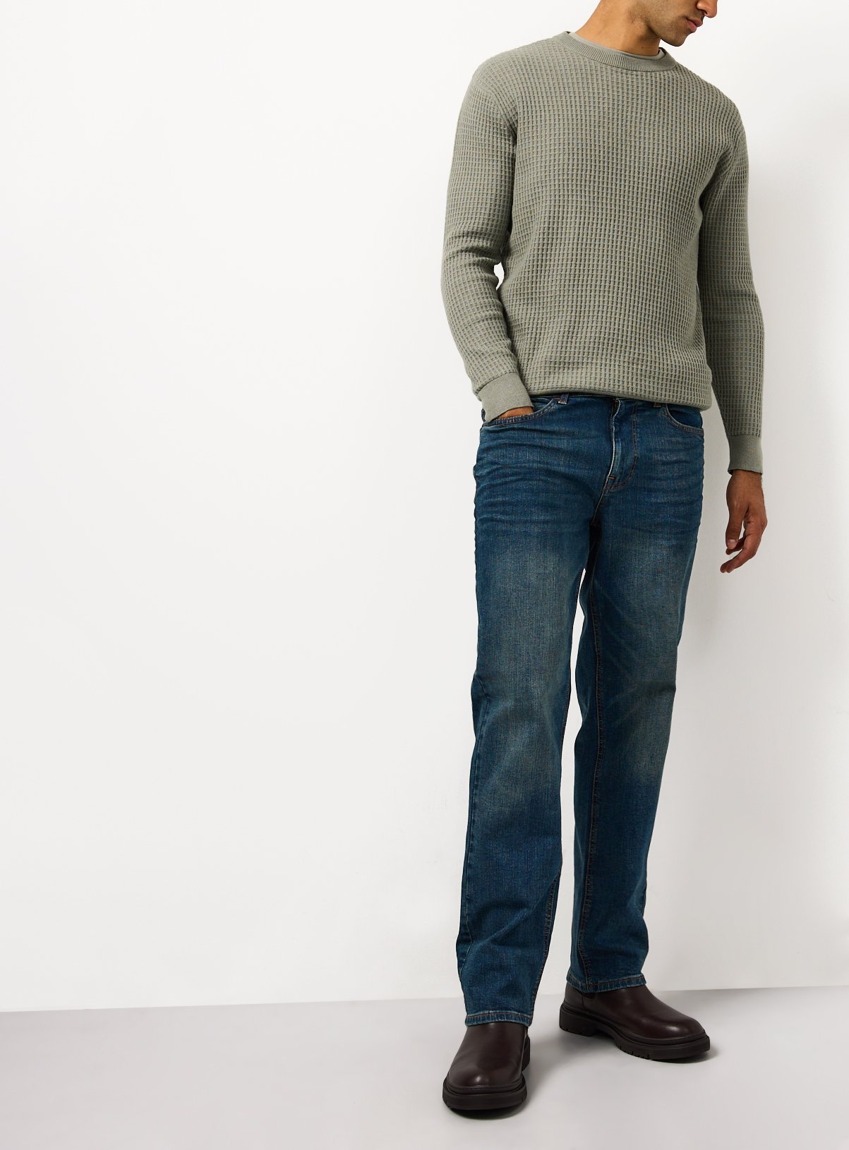 Mid Denim Vintage Wash Straight Leg Jeans 