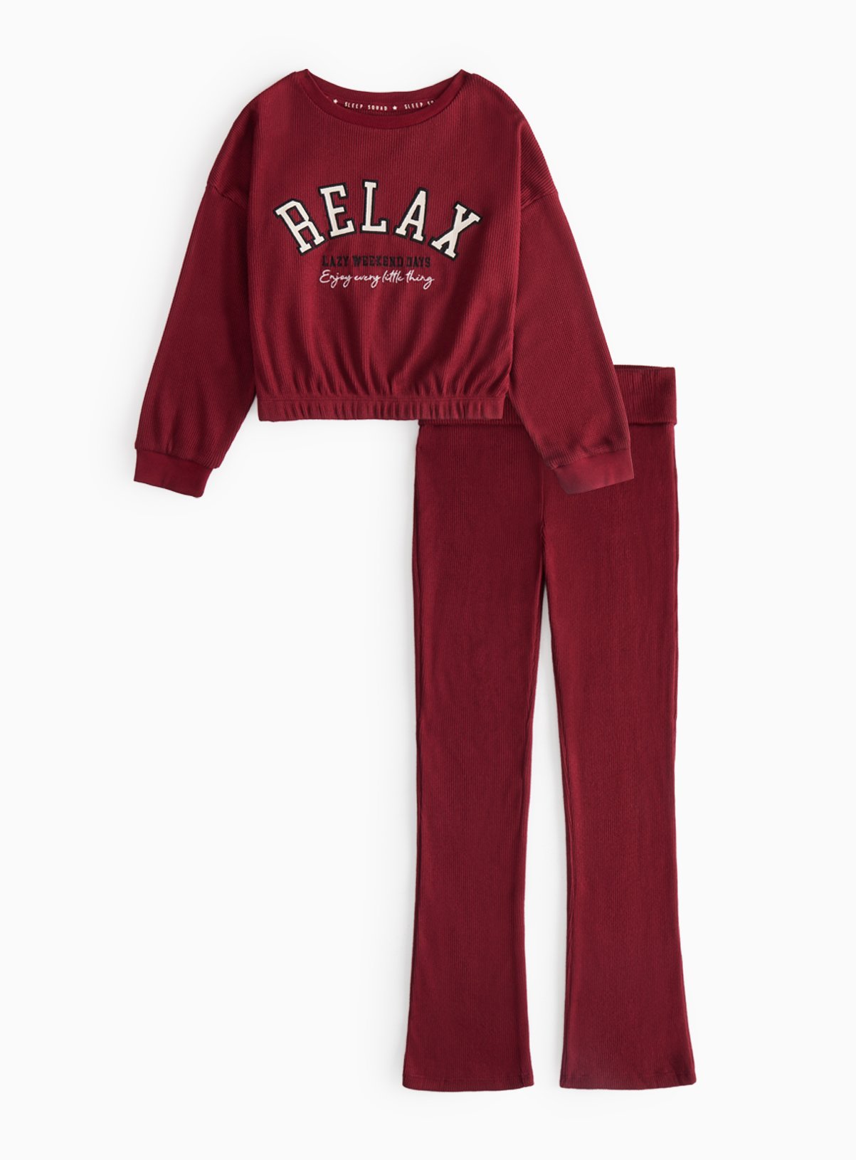 Dark Red Slogan Waffle Top & Flared Leggings  
