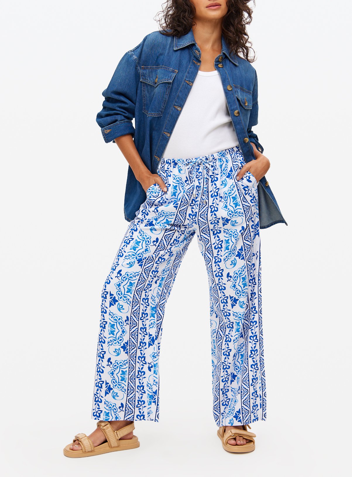 Blue Printed Linen Blend Wide Leg Trousers
