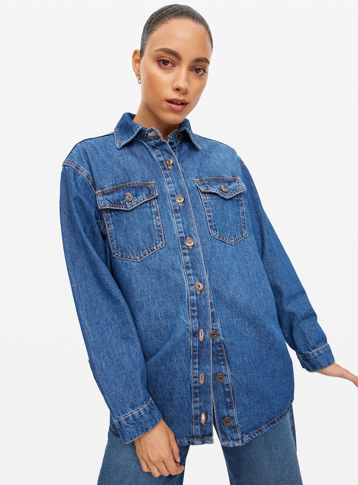 Dark Washed Oversized Fit Denim Shirt