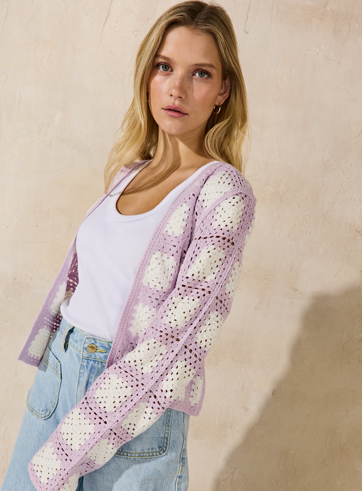 EVERBELLE Lilac Crochet Knitted Cardigan 