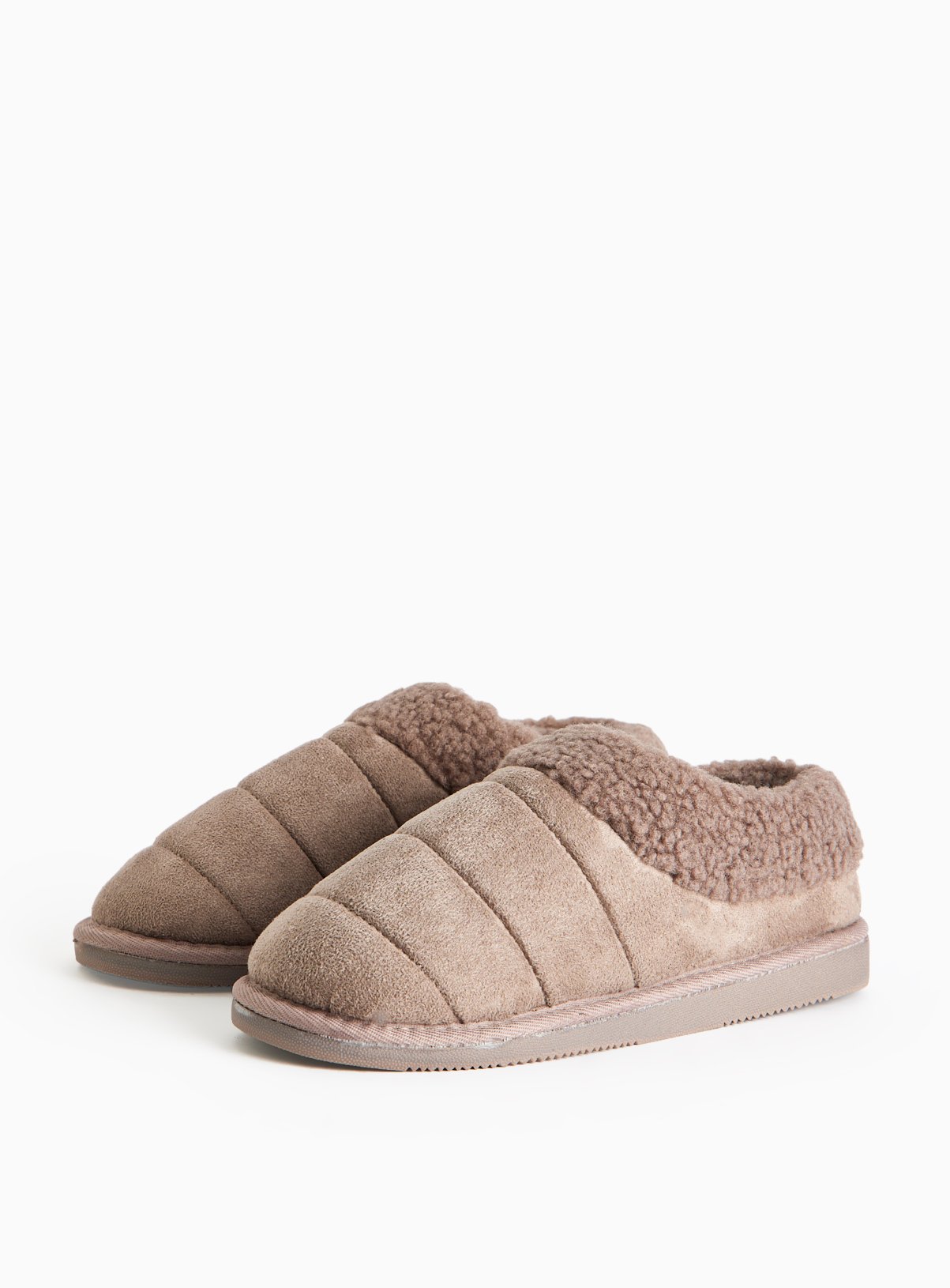 Brown Quilted Borg Lined Platform Mule Slippers 