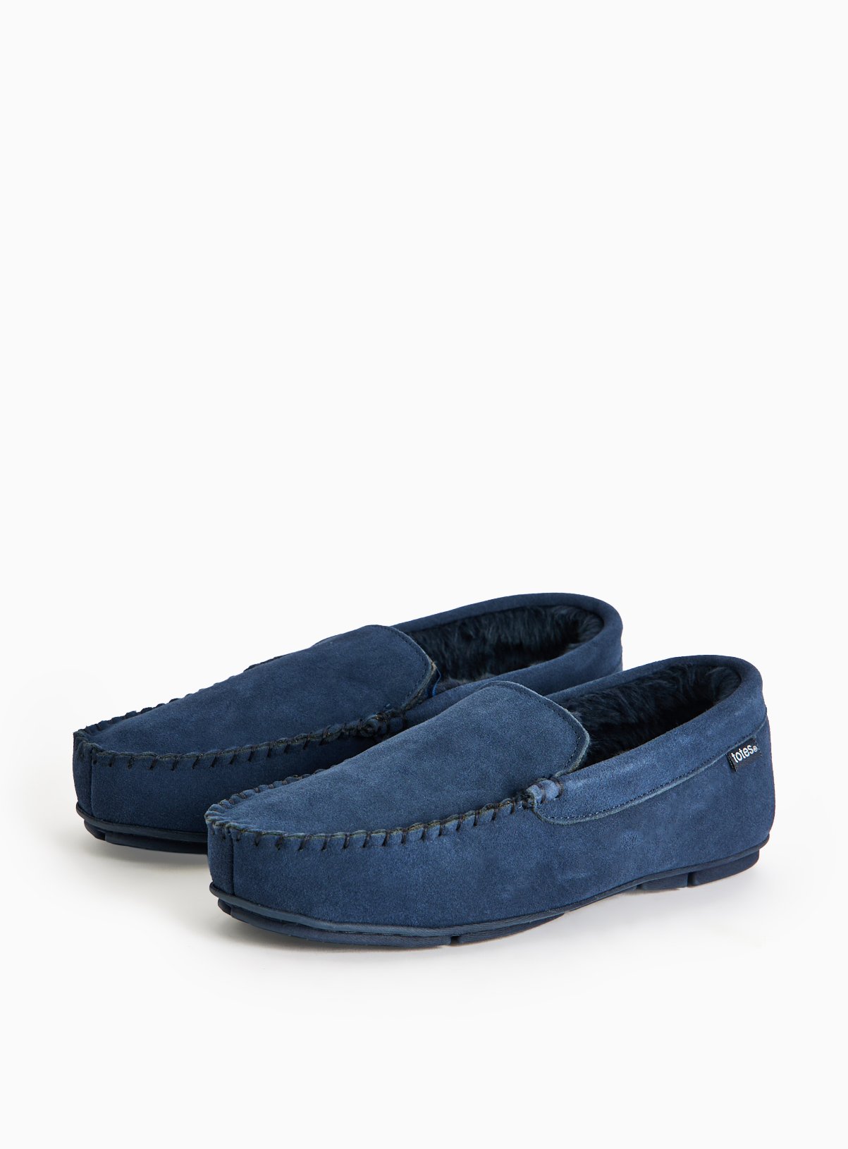 Navy Suede Faux Fur Lined Moccasin Slippers 