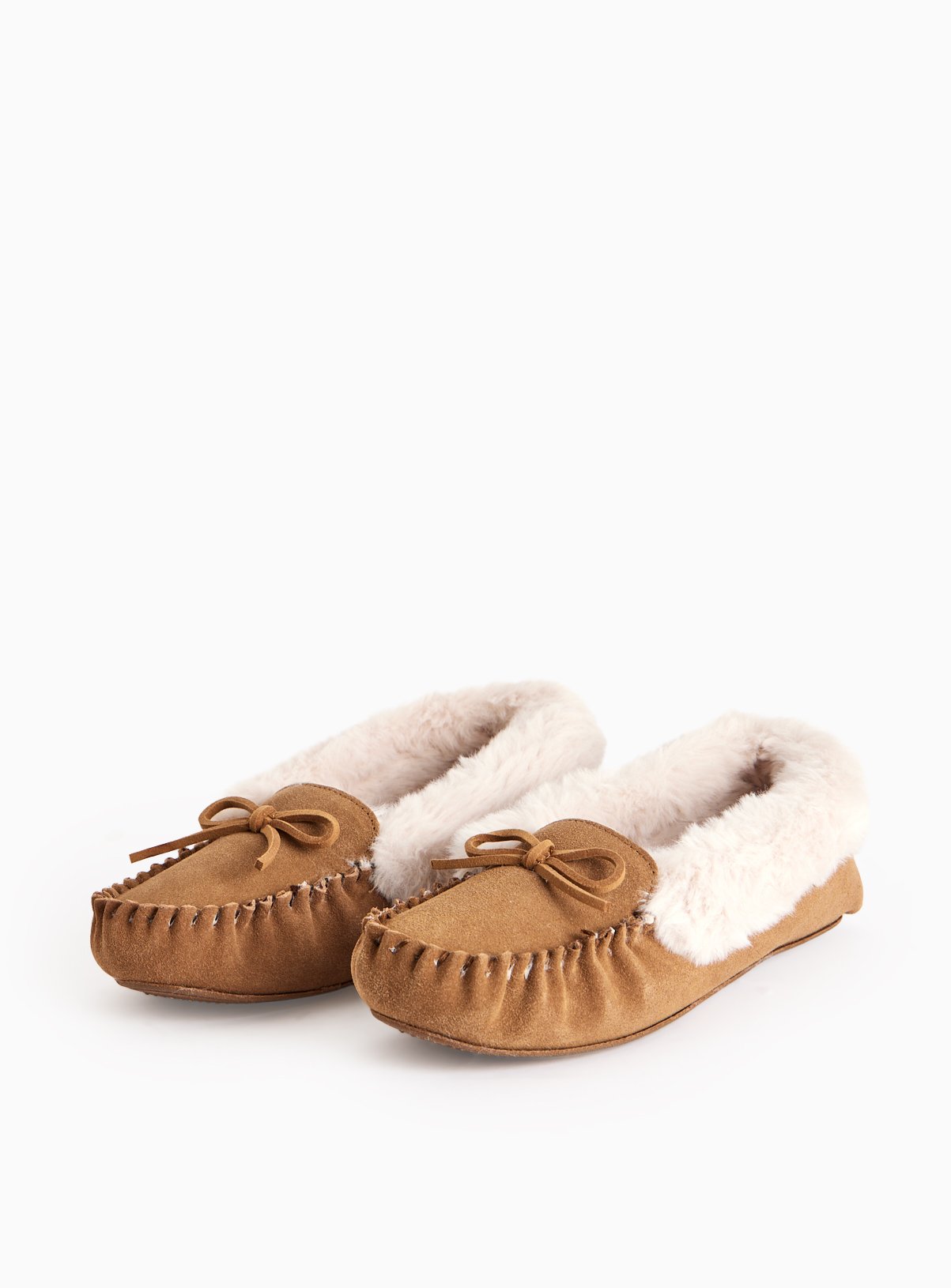 Tan Suede Faux Fur Trim Moccasin Slippers 