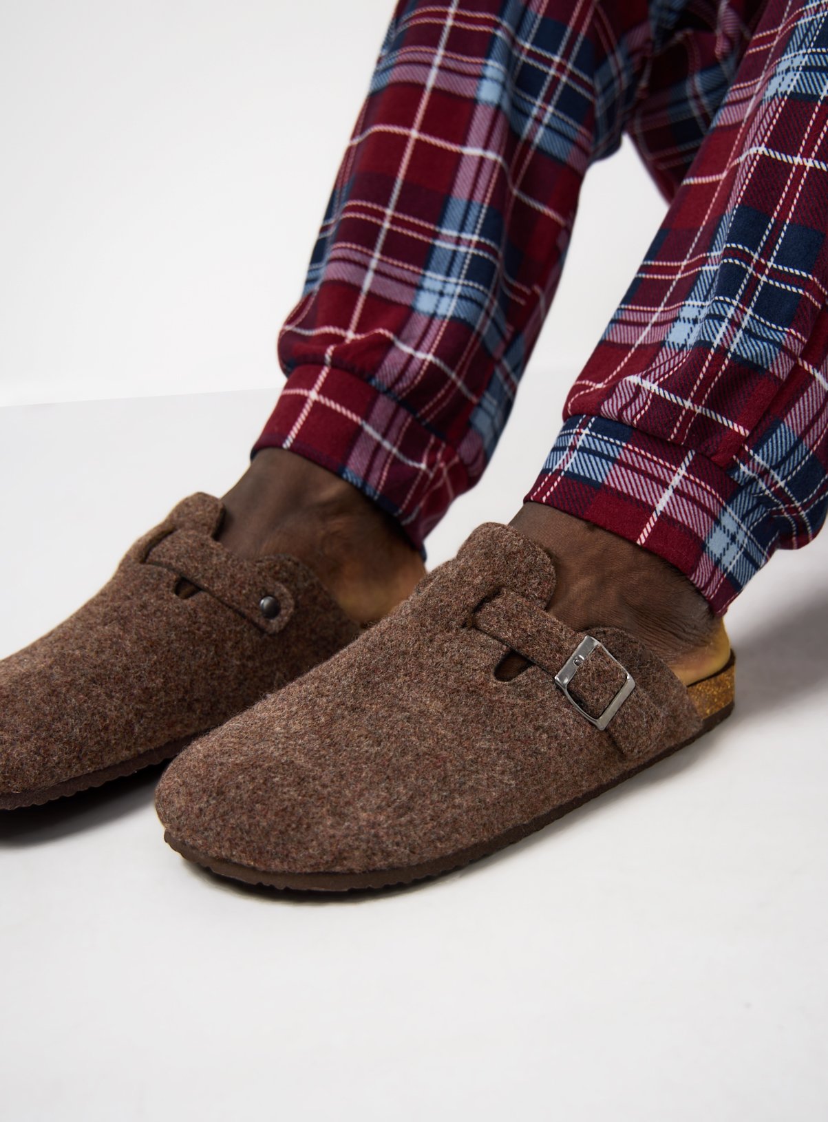 Brown Felt Buckle Mule Slippers