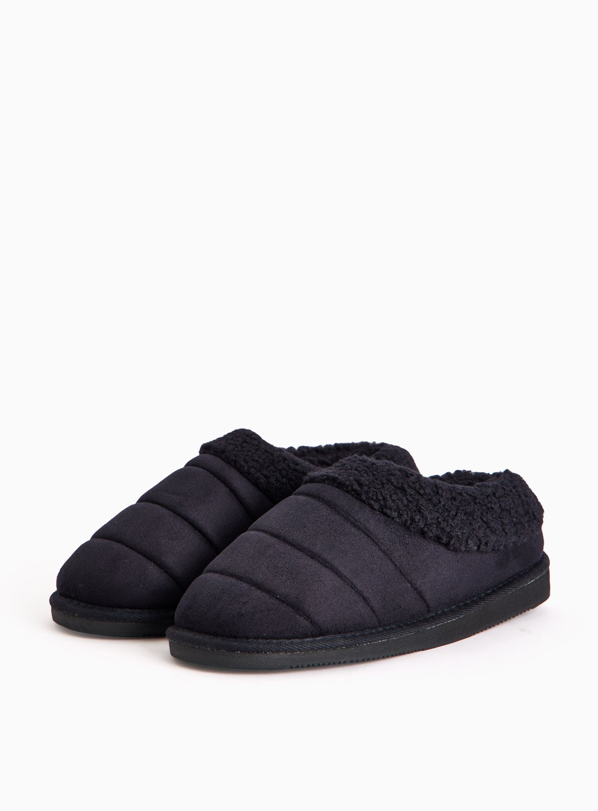 Black Quilted Borg Lined Platform Mule Slippers 