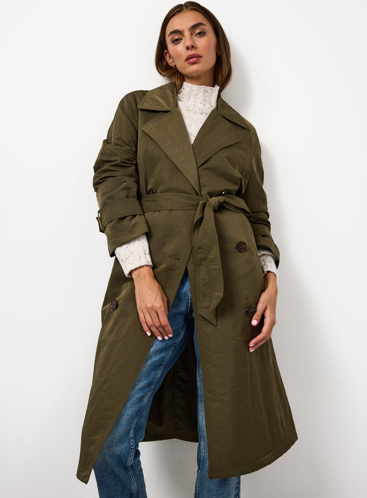 Khaki Crinkle Textured Trench Coat 