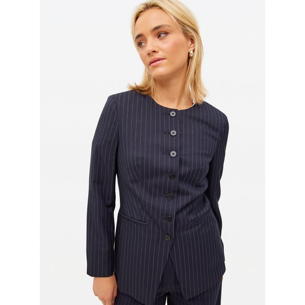 Buy Navy Pinstripe Collarless Blazer 10 Blazers Tu