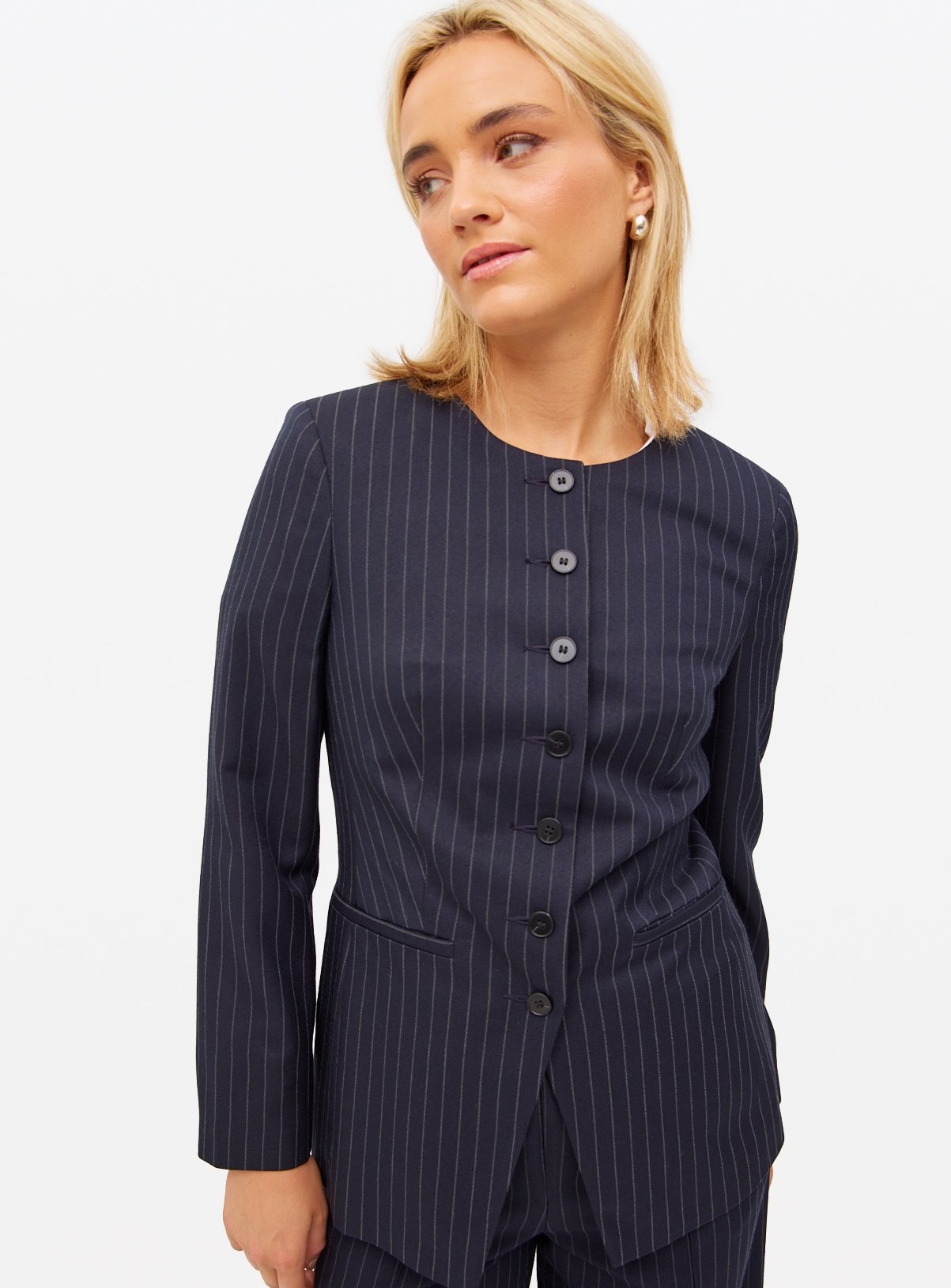 Pinstripe Collarless Blazer 
