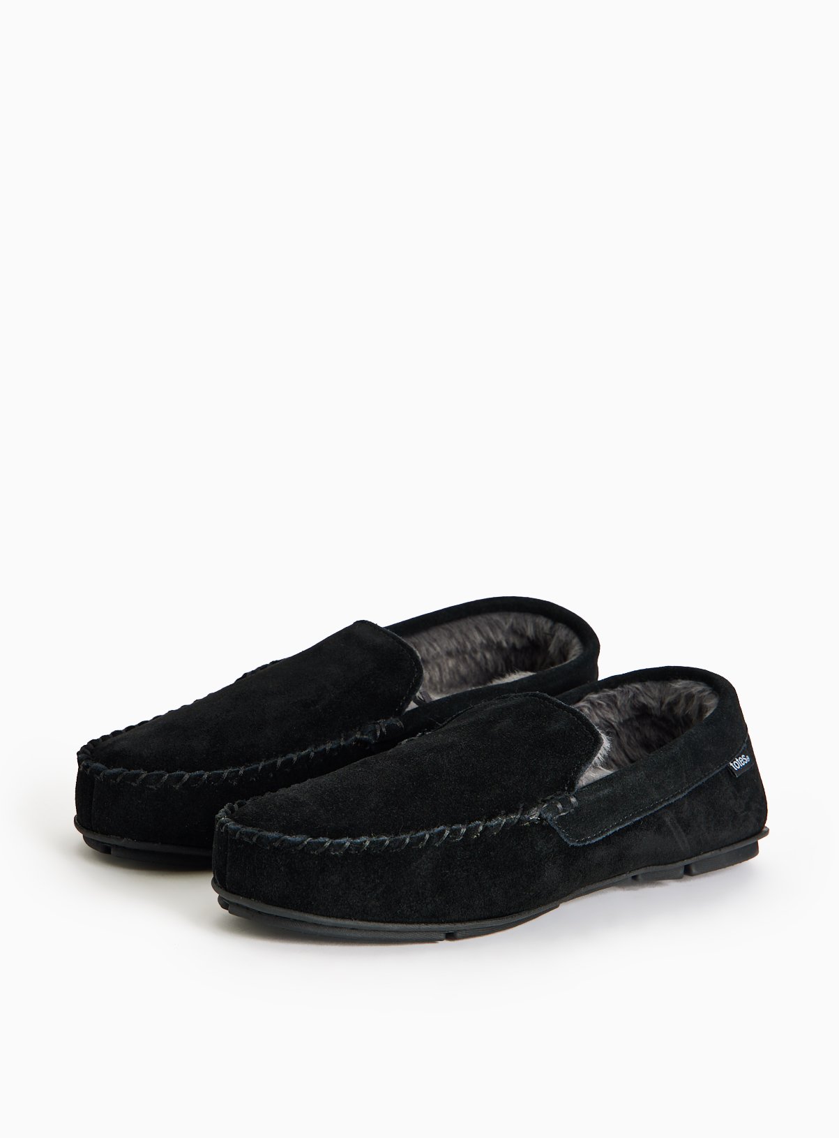 Black Suede Faux Fur Lined Moccasin Slippers 
