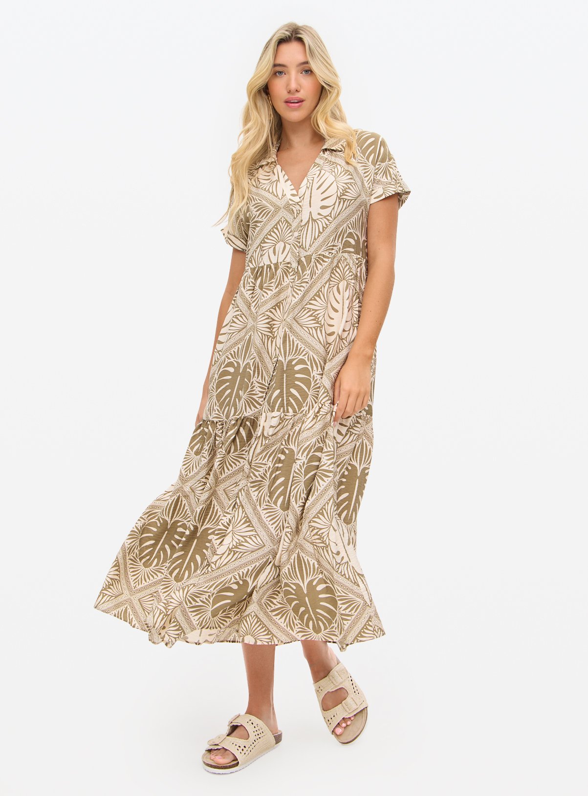 Leaf Printed Midaxi Shirt Dress 