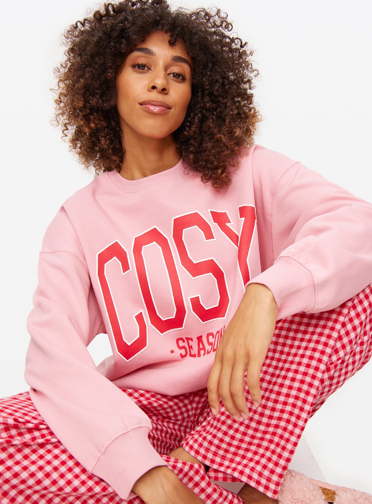 Pink Cosy Season Slogan Sweatshirt & Gingham Pyjama Bottoms 