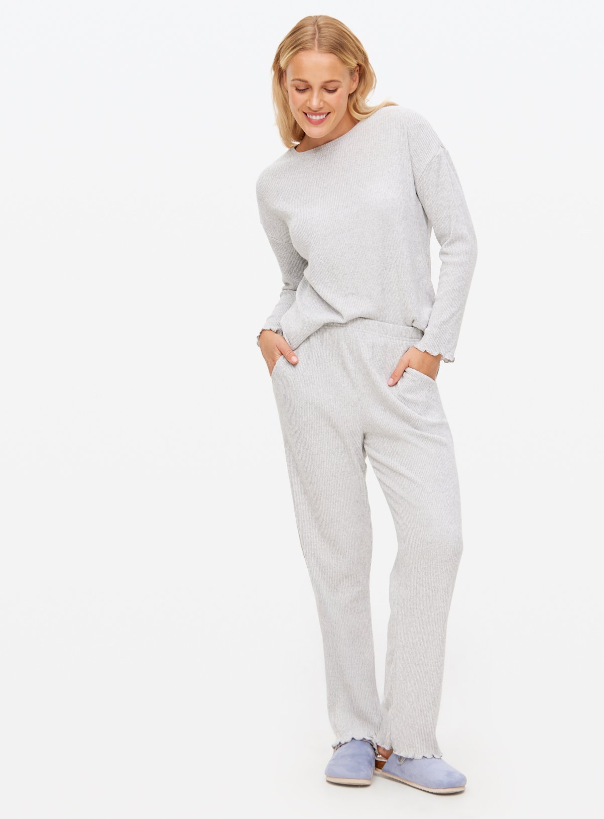 Grey Ribbed Wide Leg Co-ord Pyjama Bottoms 