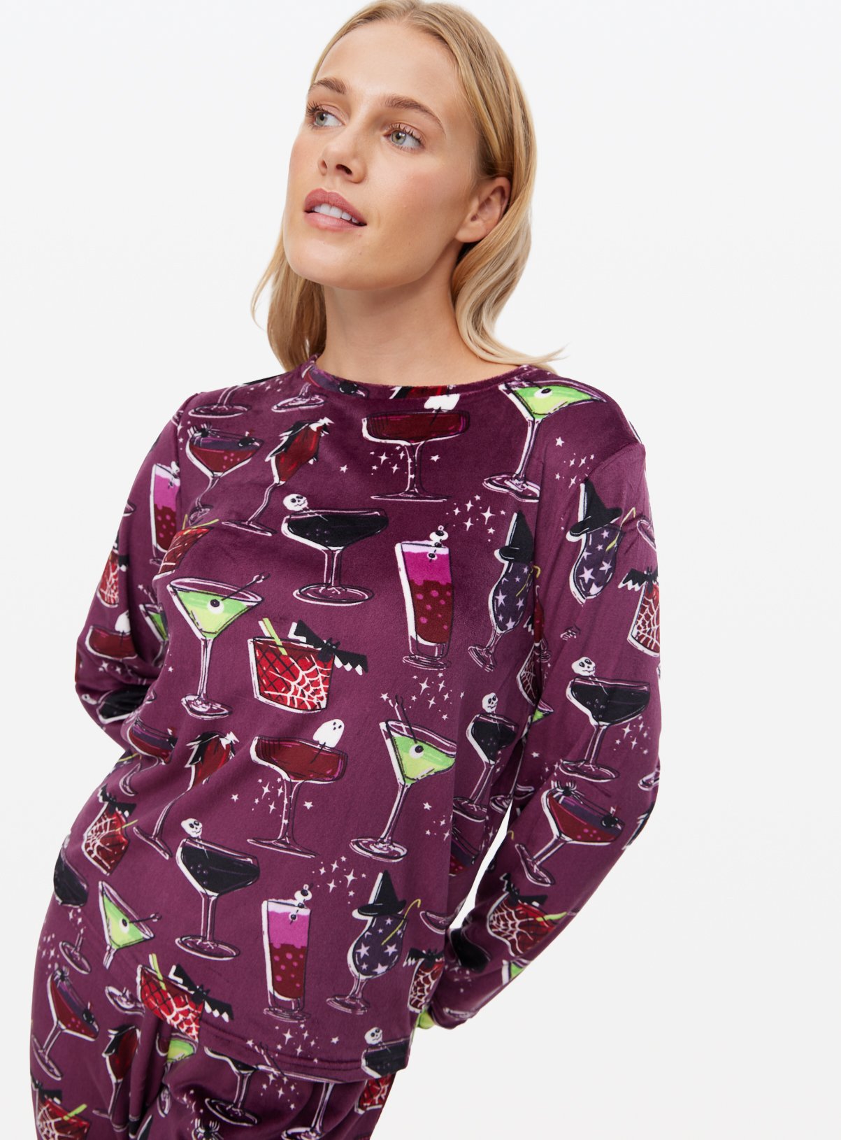 Purple Halloween Cocktail Print Slinky Fleece Pyjamas 