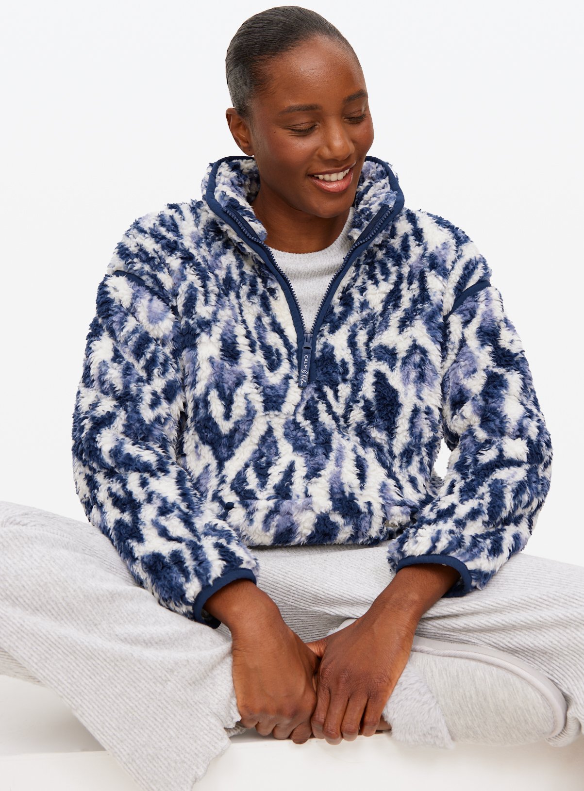 Navy Ikat Printed Quarter Zip Pyjama Fleece  L