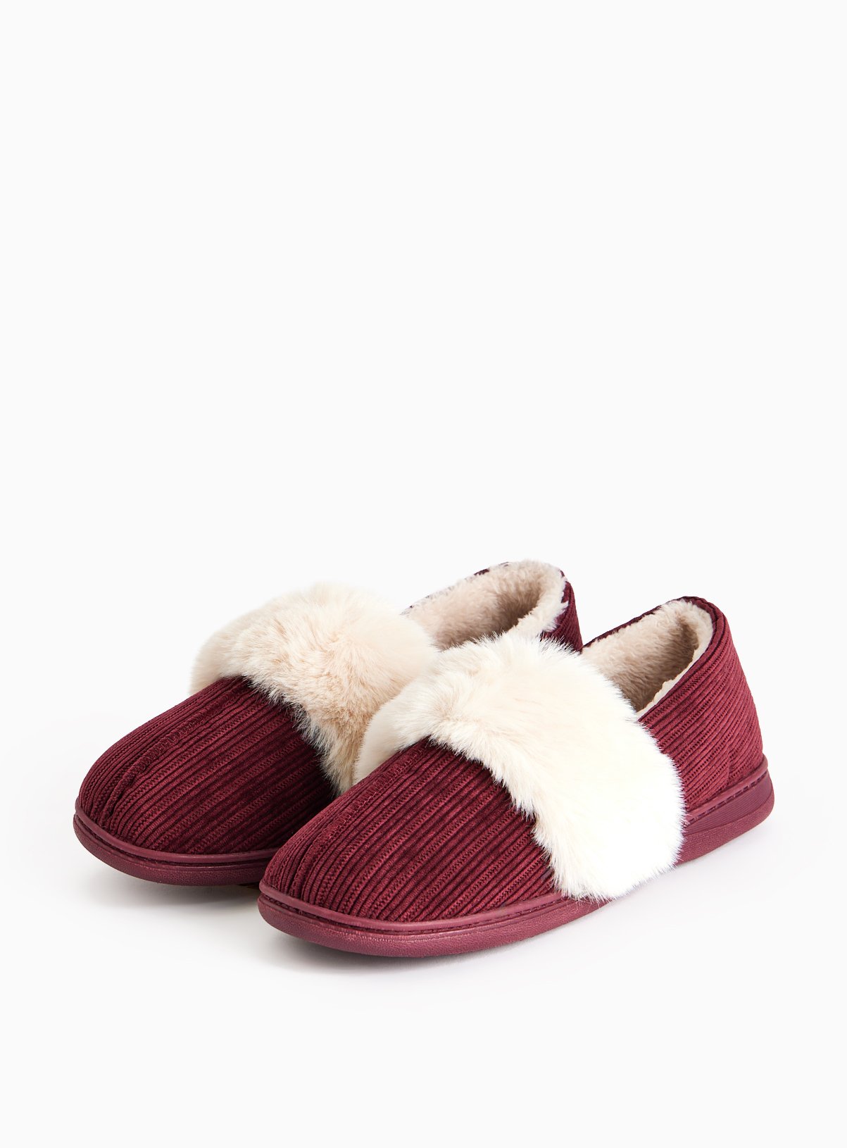 Burgundy Corduroy Faux Fur Trim Slippers 