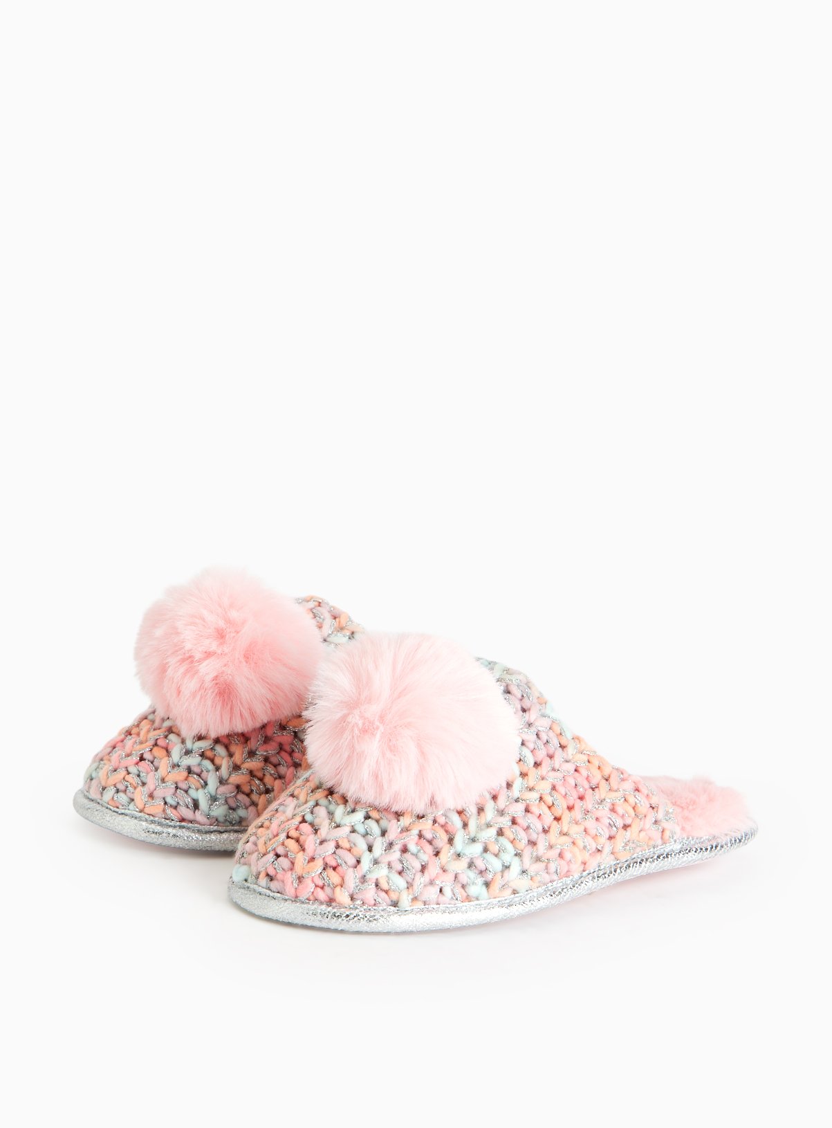 Pink Metallic Knitted Pom Pom Mule Slippers