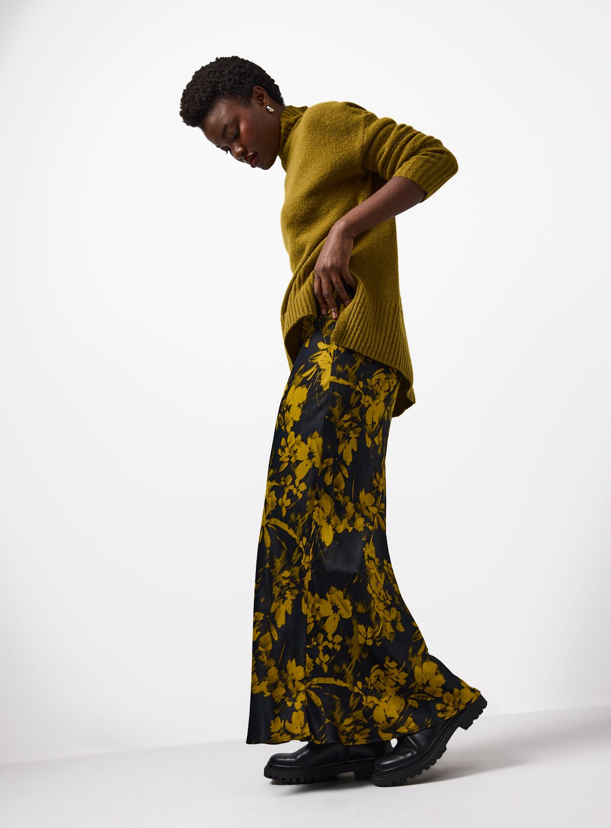 Green Printed Midaxi Satin Slip Skirt 