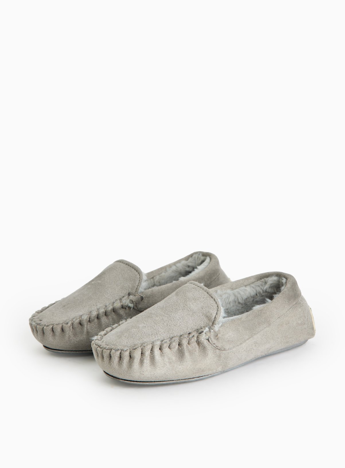 Grey Faux Fur Lined Moccasin Slippers 