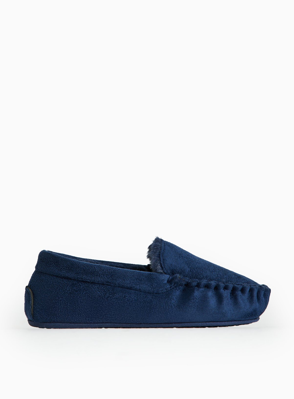 Navy Faux Fur Lined Moccasin Slippers 