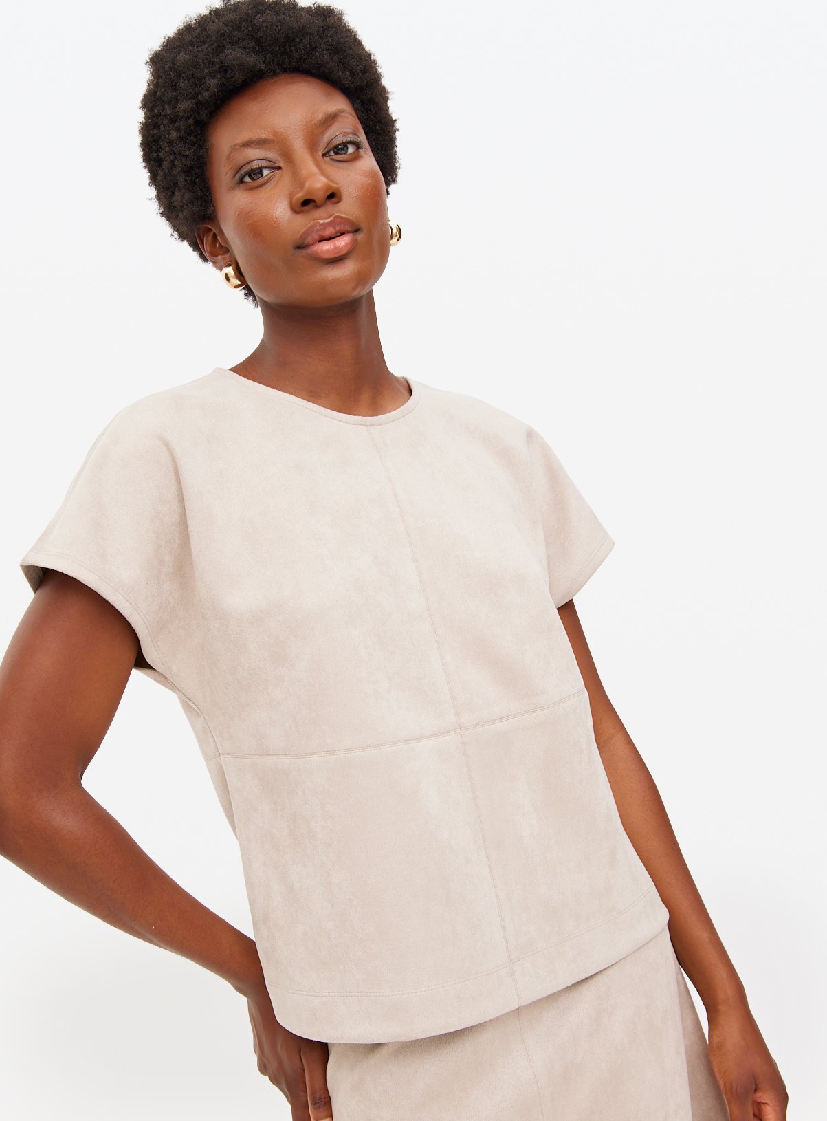 Beige Faux Suede Boxy Co-ord T-Shirt 