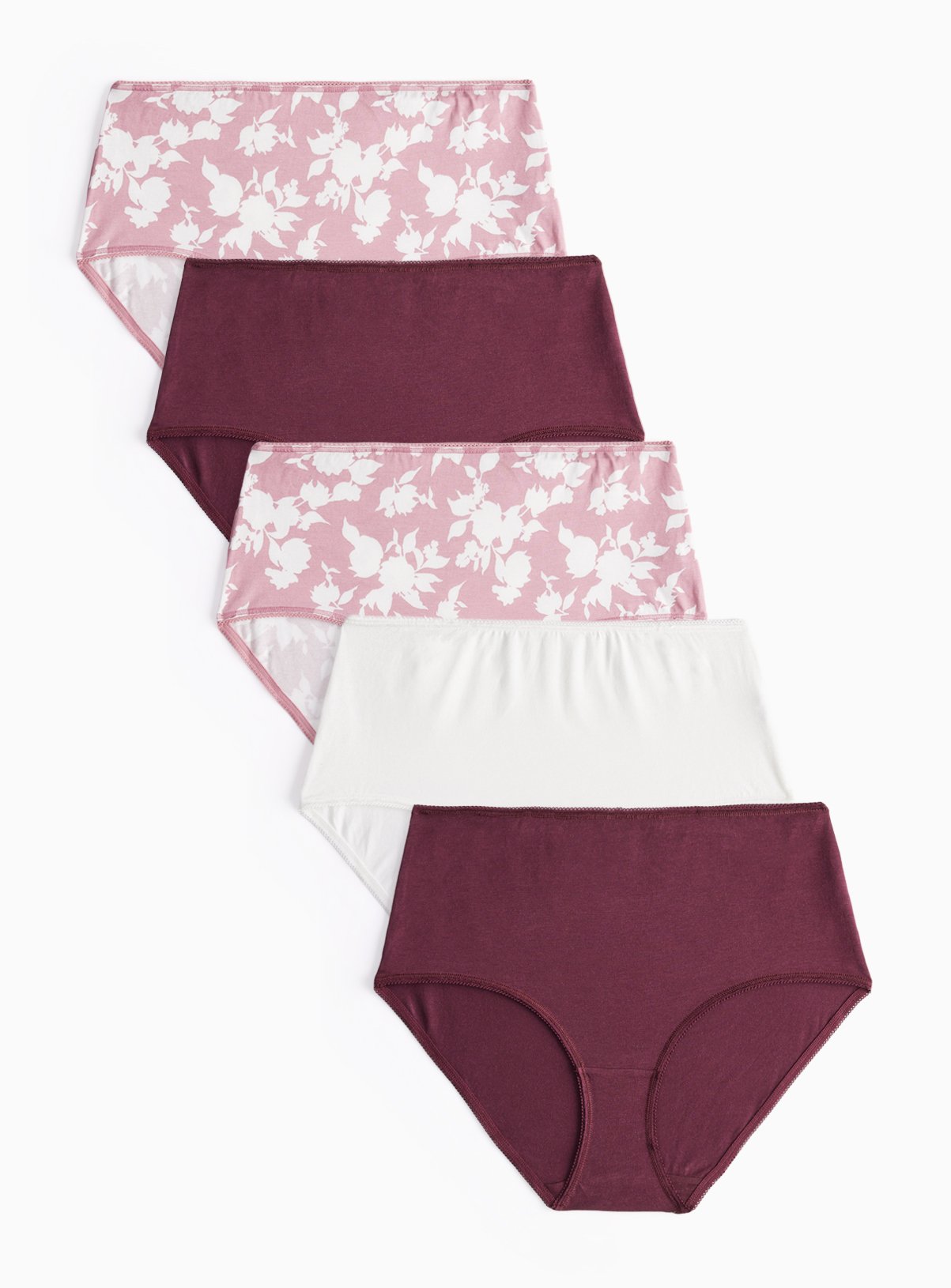 Burgundy Floral Cotton Blend Full Knickers 5 Pack 