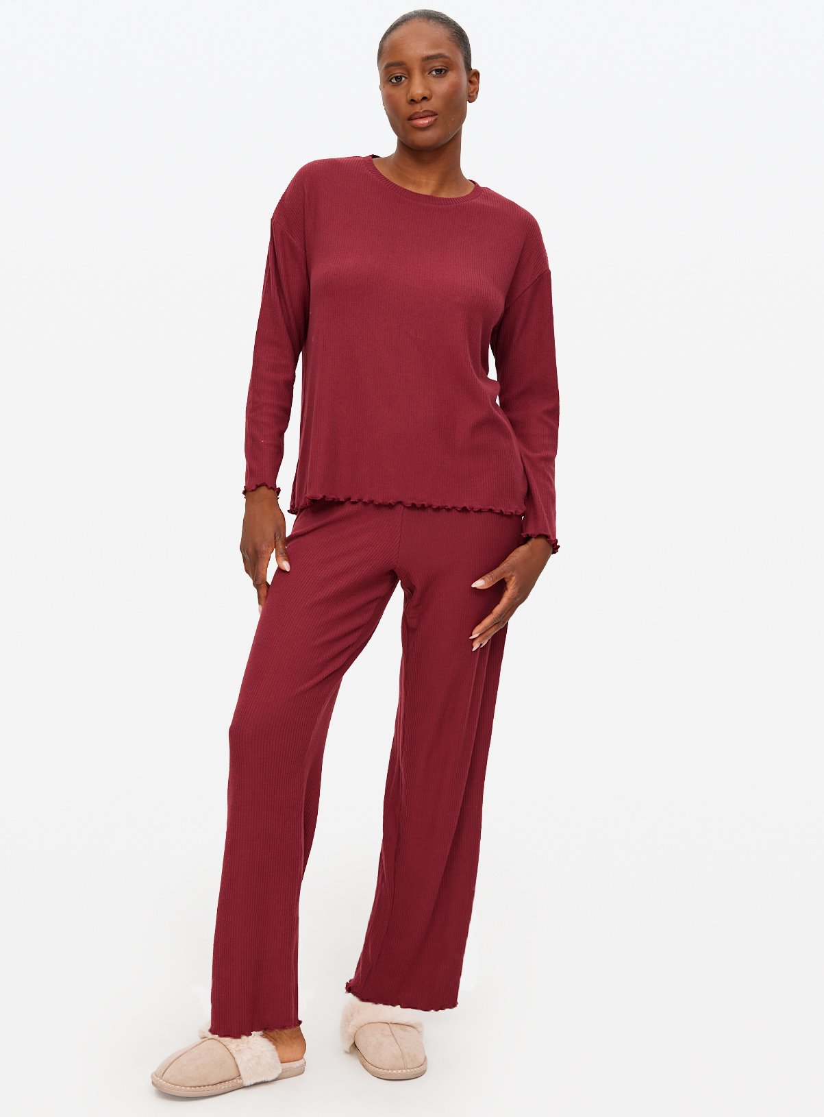 Burgundy Ribbed Wide Leg Co-ord Pyjama Bottoms