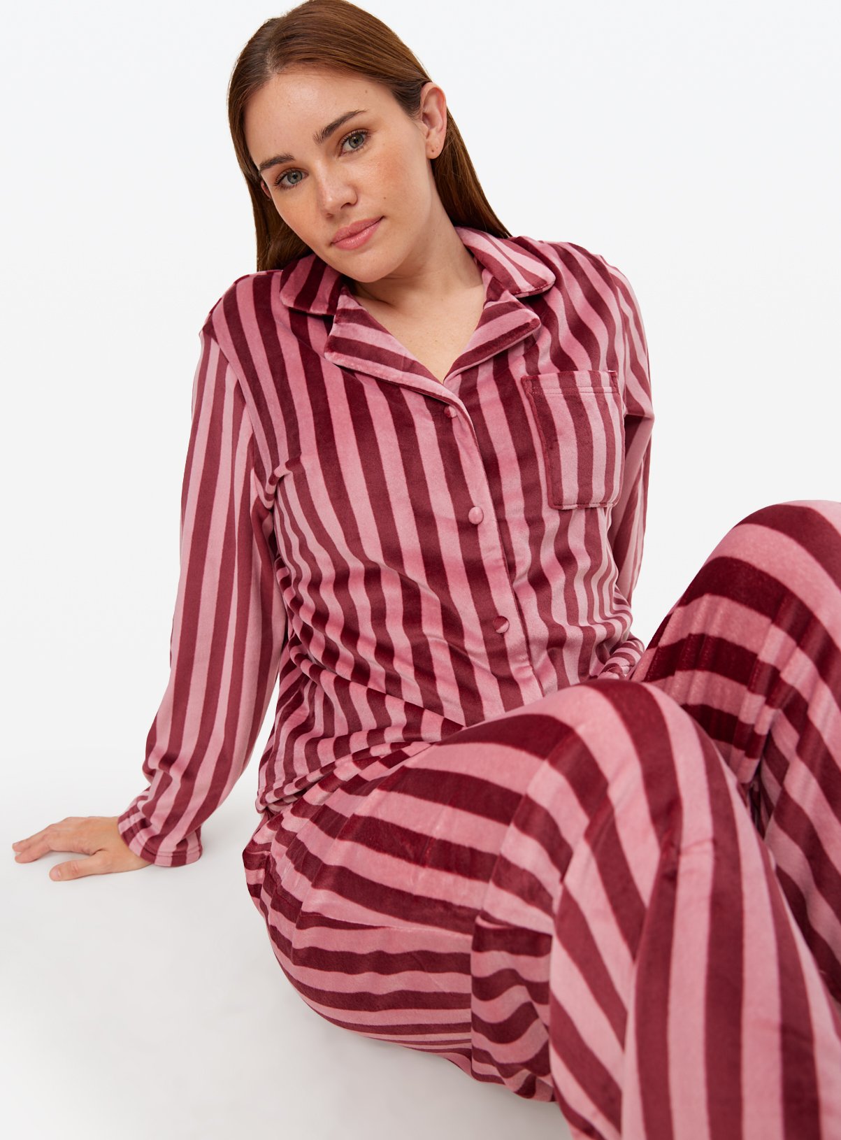 Burgundy Striped Slinky Fleece Traditional Pyjamas 