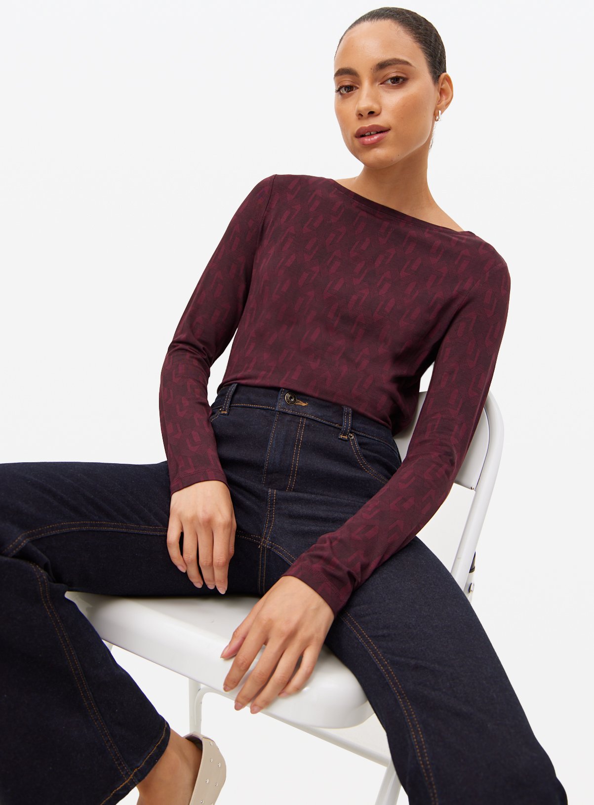 Dark Red Geo Print Modal Blend Long Sleeve Top  20