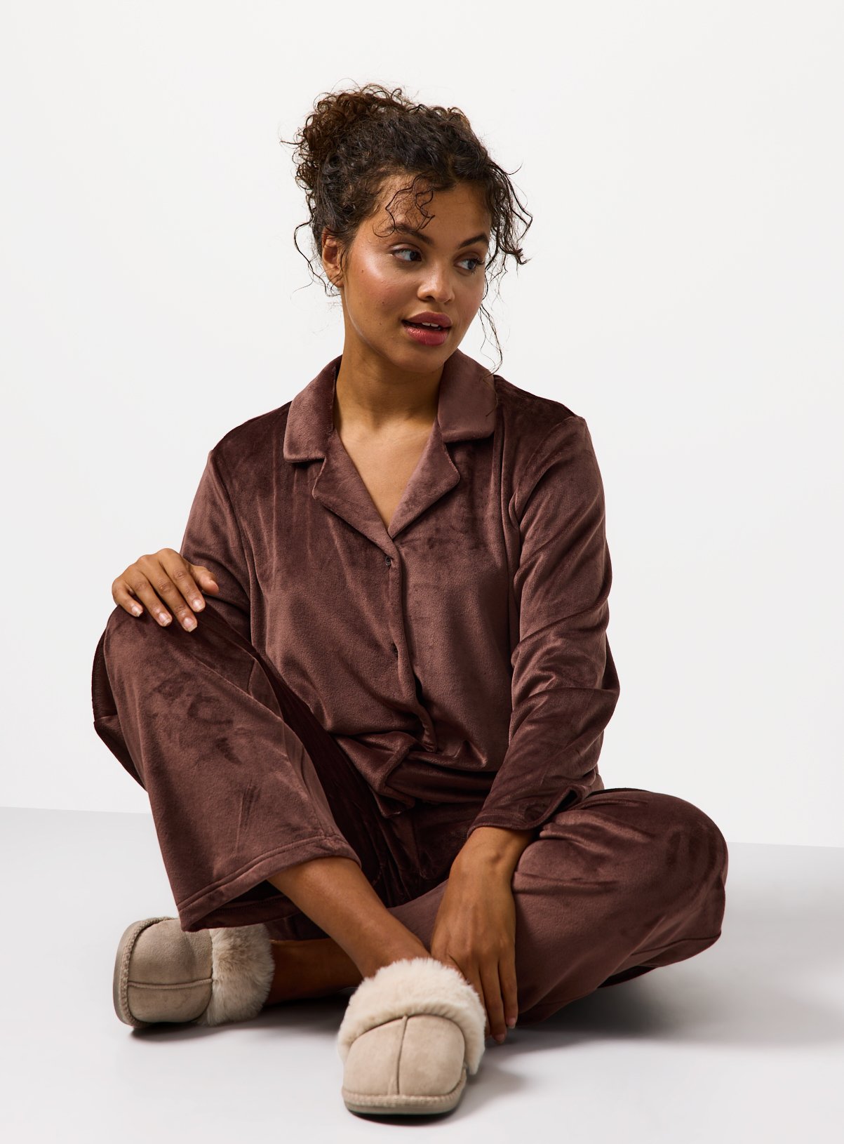 Chocolate Brown Velour Traditional Pyjamas 