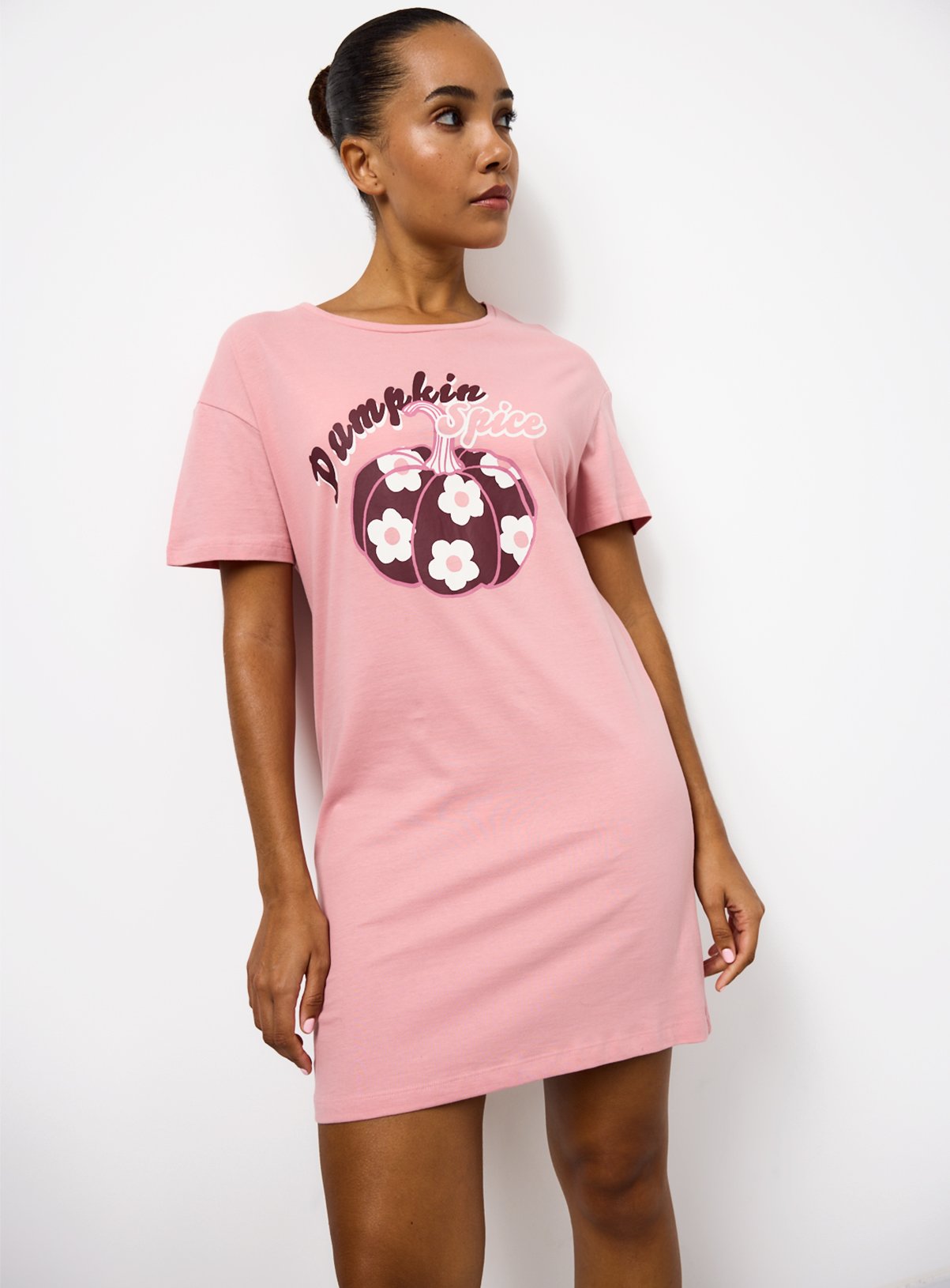 Pink Halloween Pumpkin Spice Print Sleep T-Shirt 