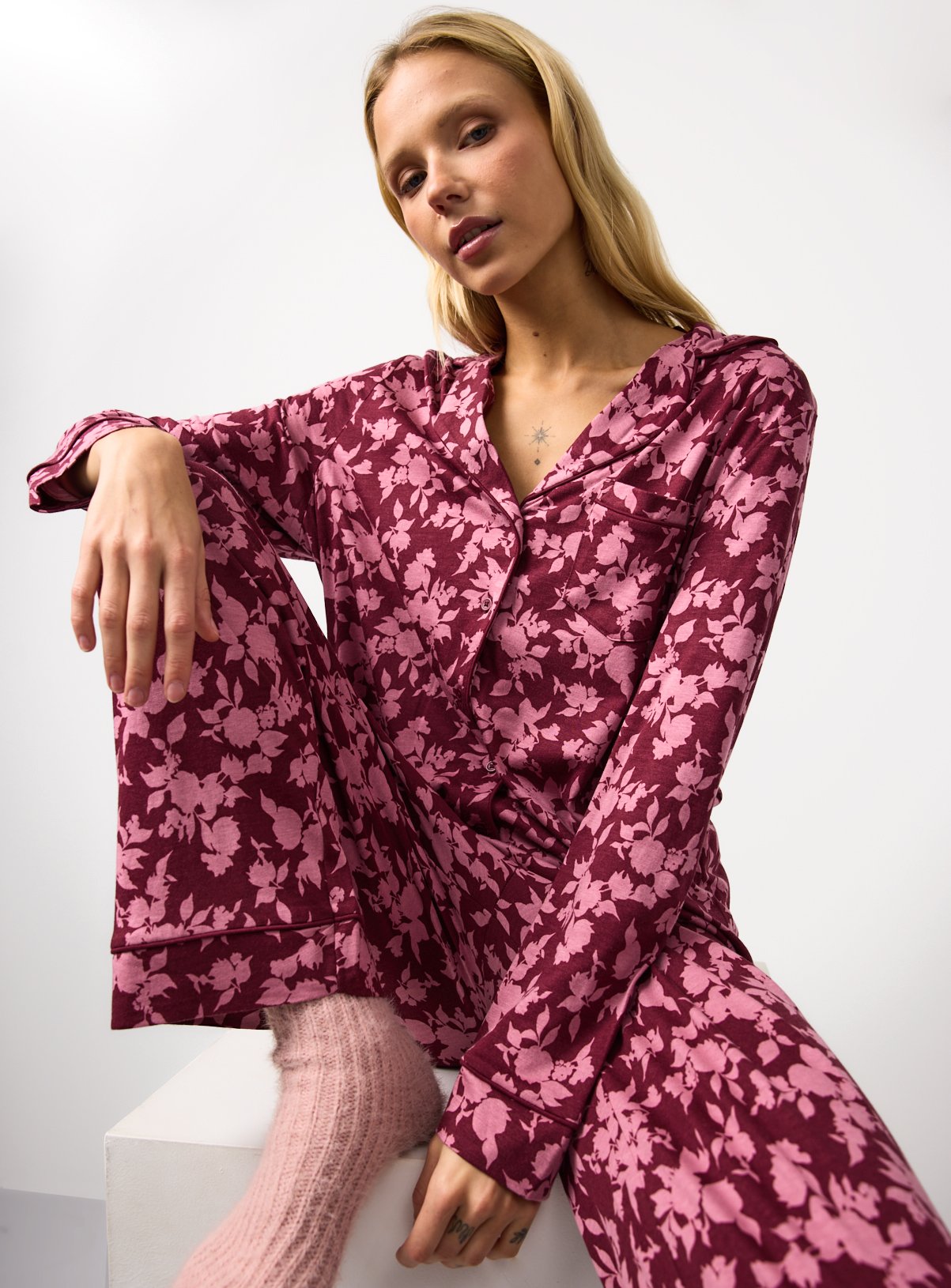 Burgundy Floral Printed Modal Blend Pyjamas