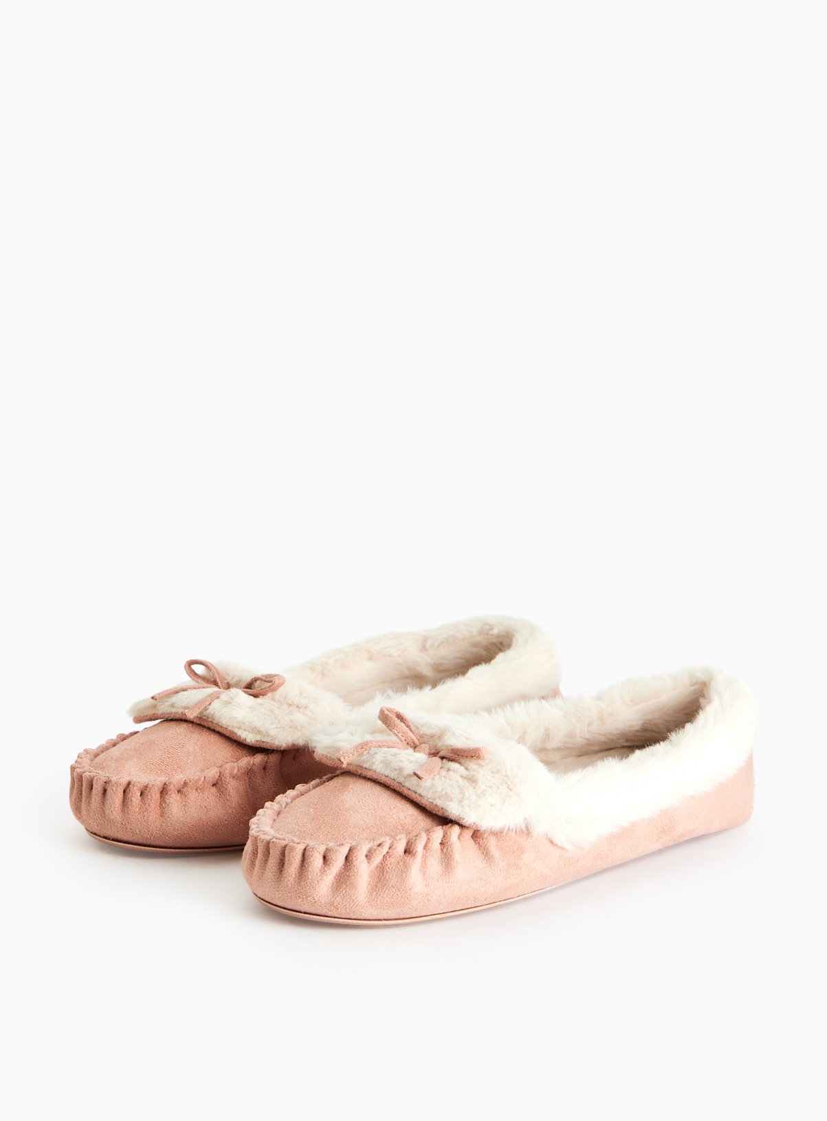 Pink Faux Fur Trim Moccasin Slippers 