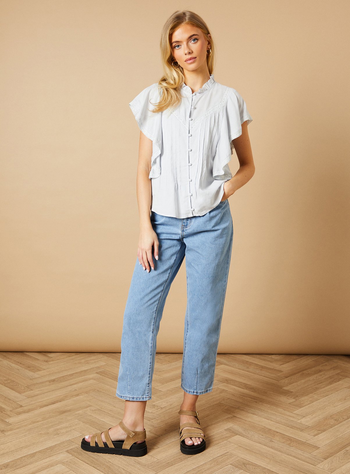 OASIS High Neck Button Through Lace Insert Blouse