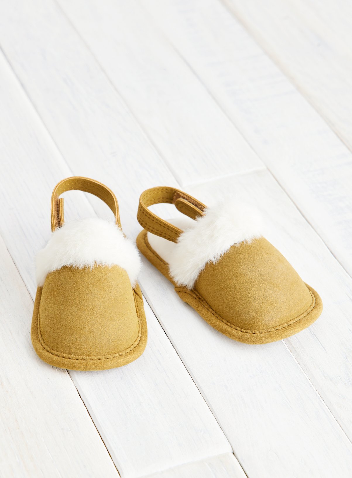 Tan Faux Fur Lined Ankle Strap Mules