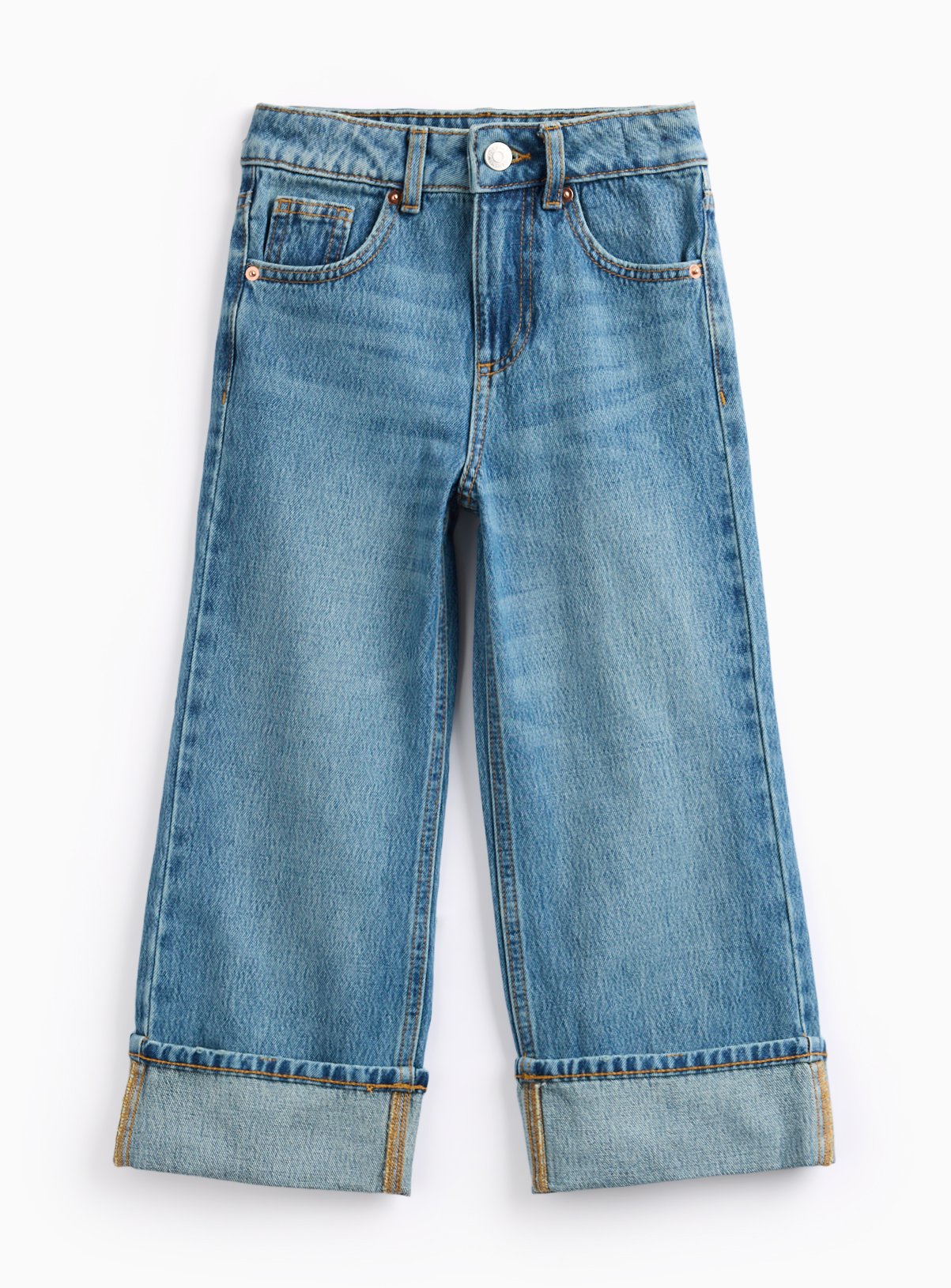 Blue Denim Wide Turn Up Hem Jeans  