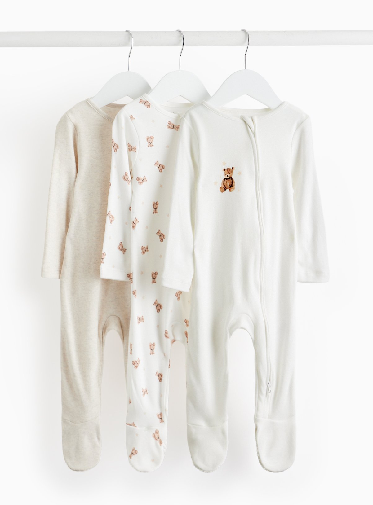 Cream Bear Printed Zip Sleepsuit 3 Pack 3-6 months
