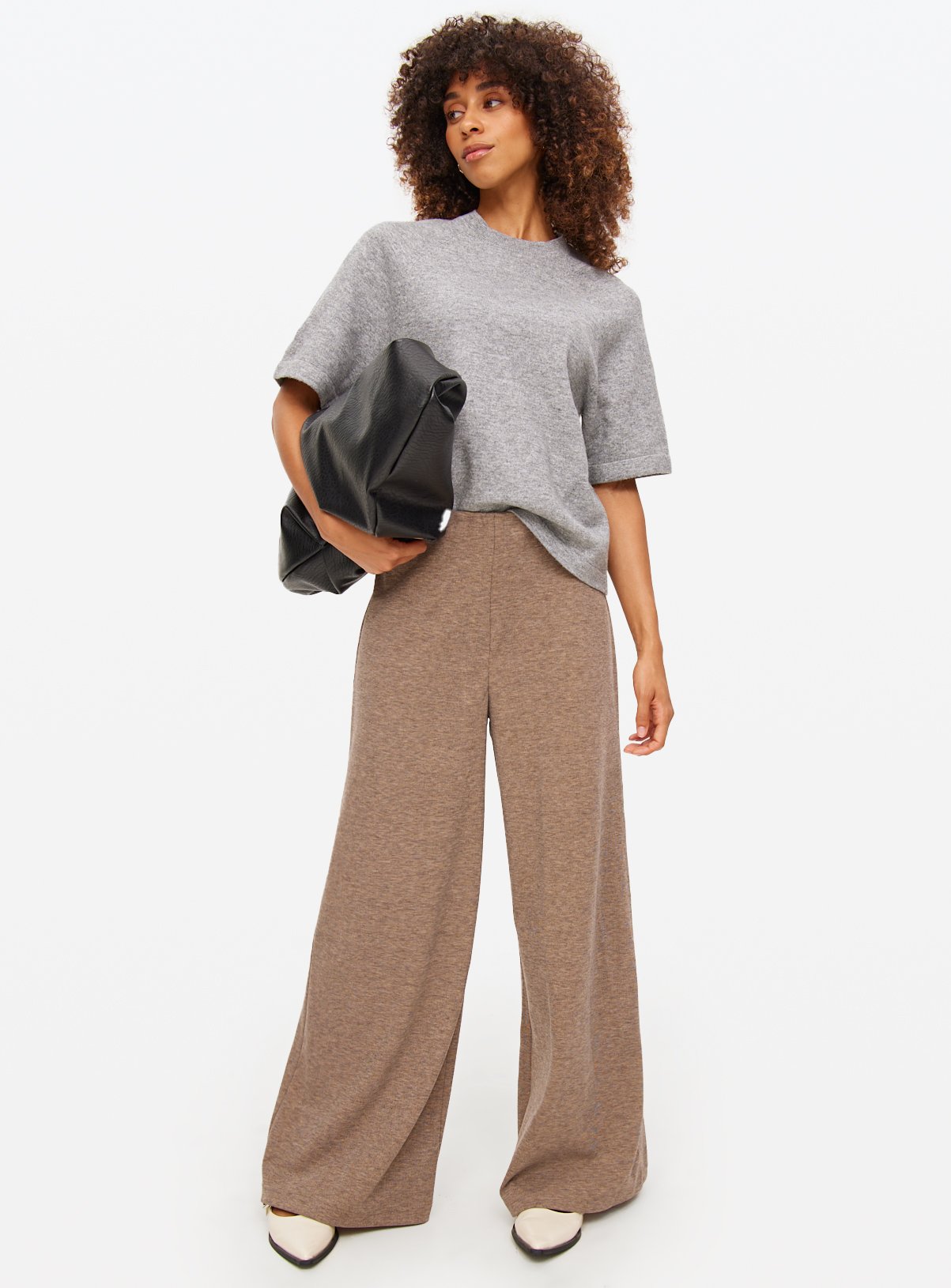 Oatmeal Marl Soft Touch Wide Leg Trousers