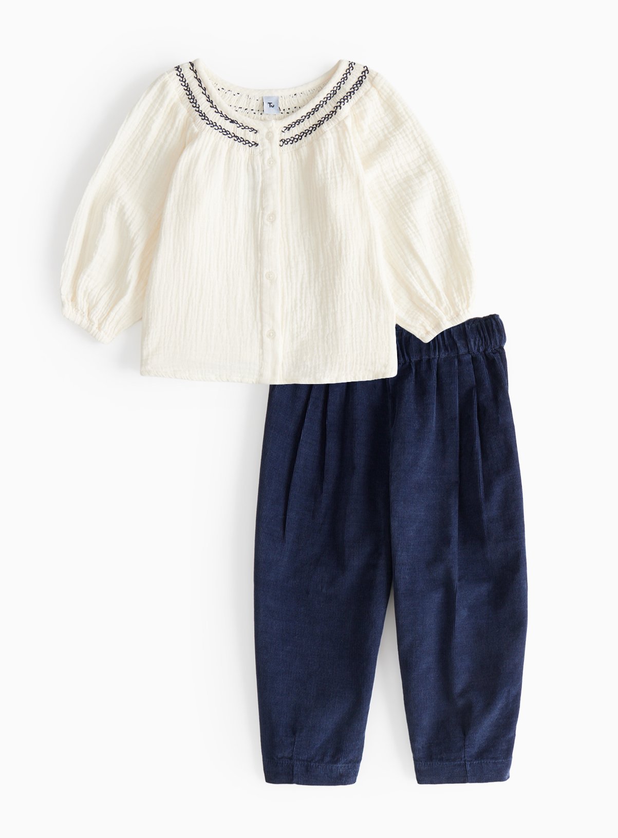White Cheesecloth Blouse & Navy Corduroy Barrel Trousers 