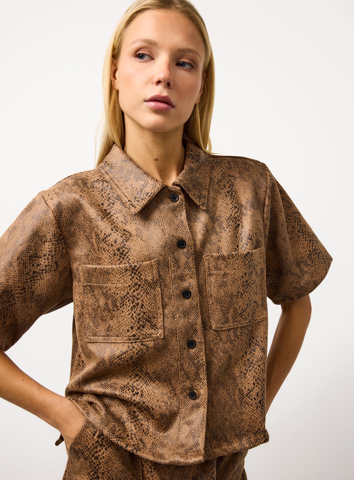 Brown Snake Printed Faux Leather Co-ord Shirt 