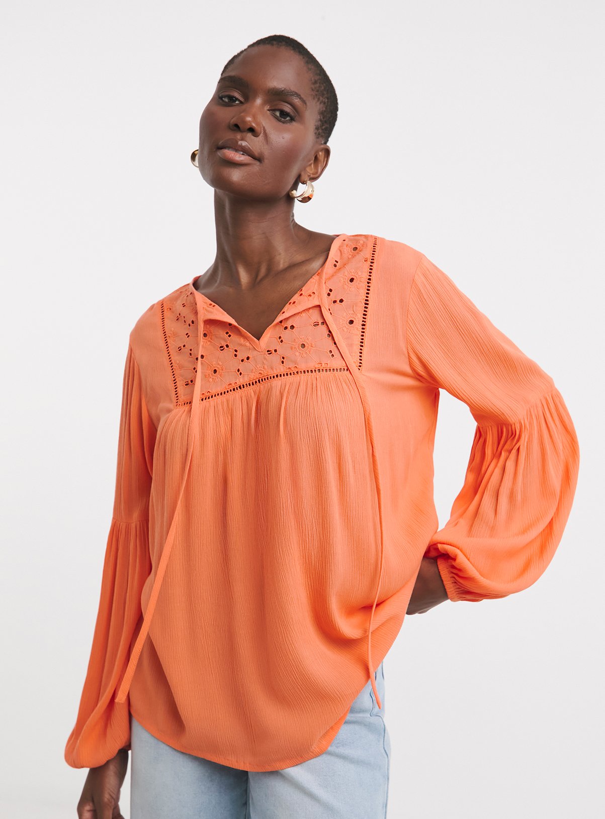 JD WILLIAMS Broderie Yoke Trim Blouson Sleeve Blouse 22