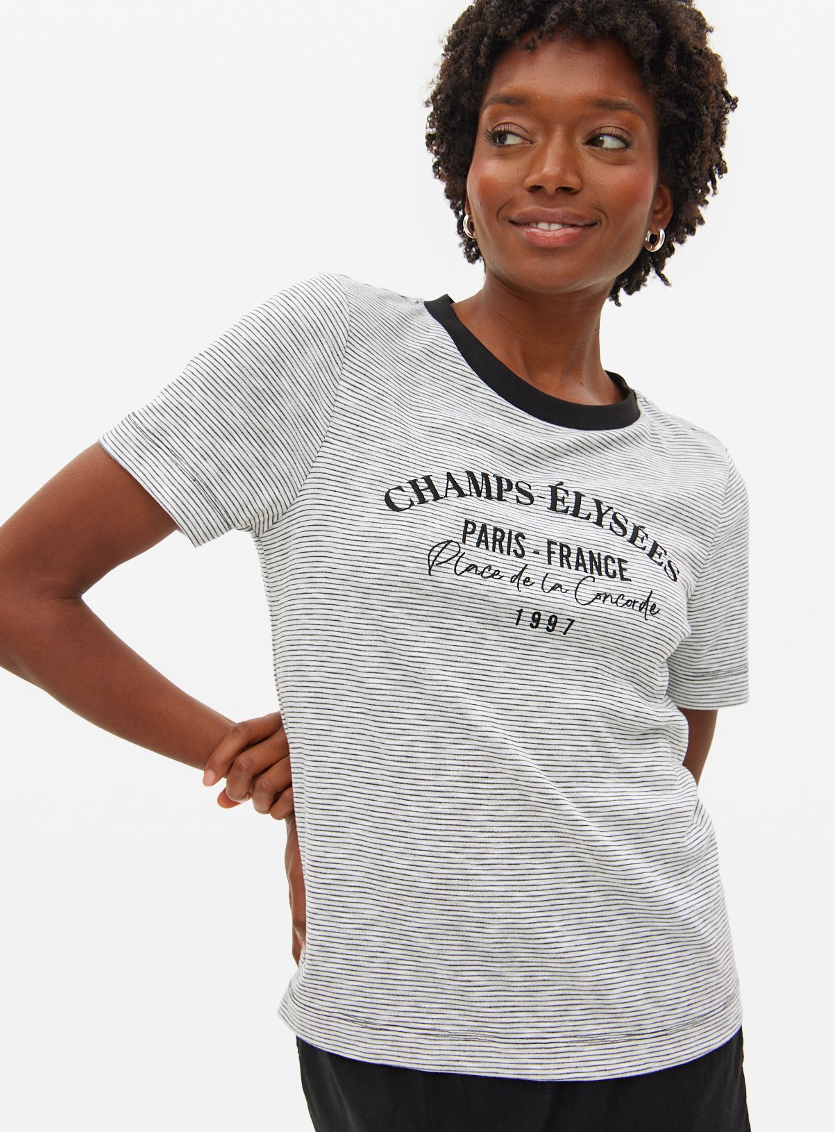 Mono Striped Slogan Crew T-Shirt  