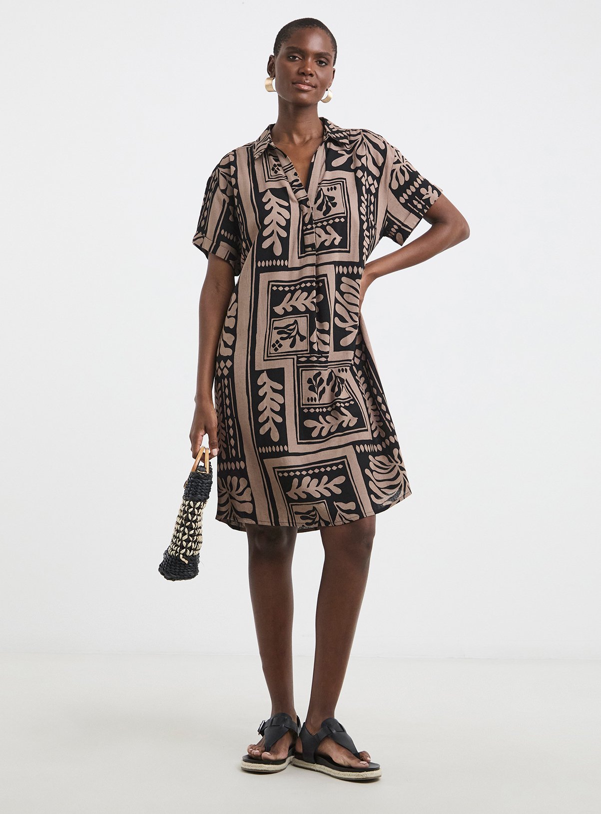 JD WILLIAMS Linen Collared Short Sleeve Tunic Dress