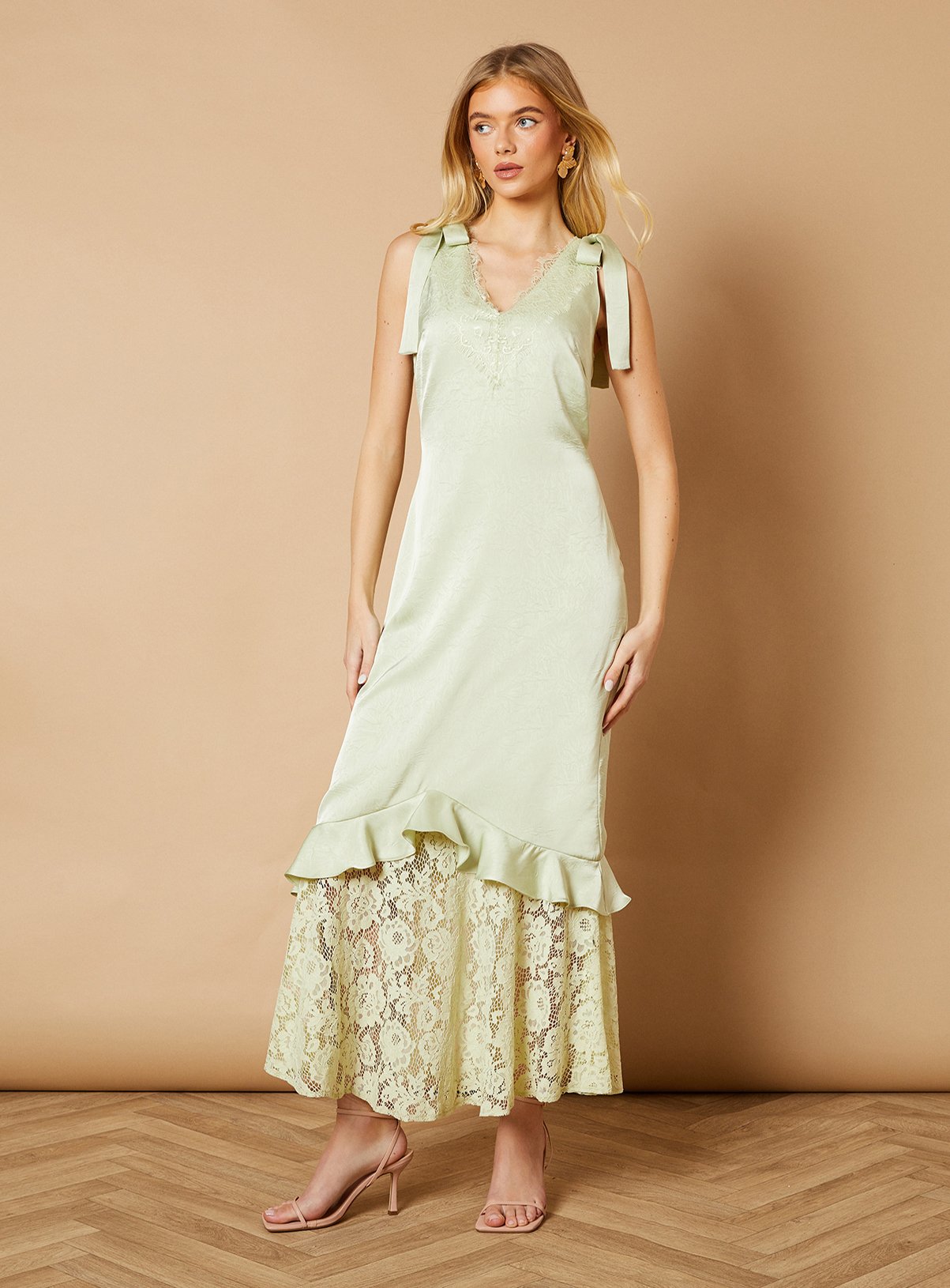 OASIS Satin Lace Tie Shoulder Maxi Dress 