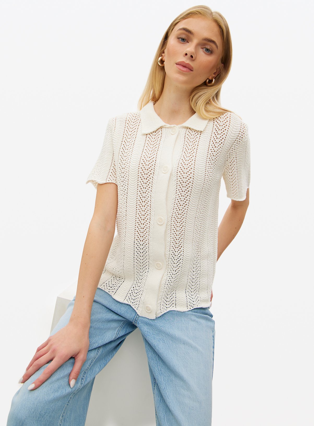 Pointelle Stitch Collared Shirt 