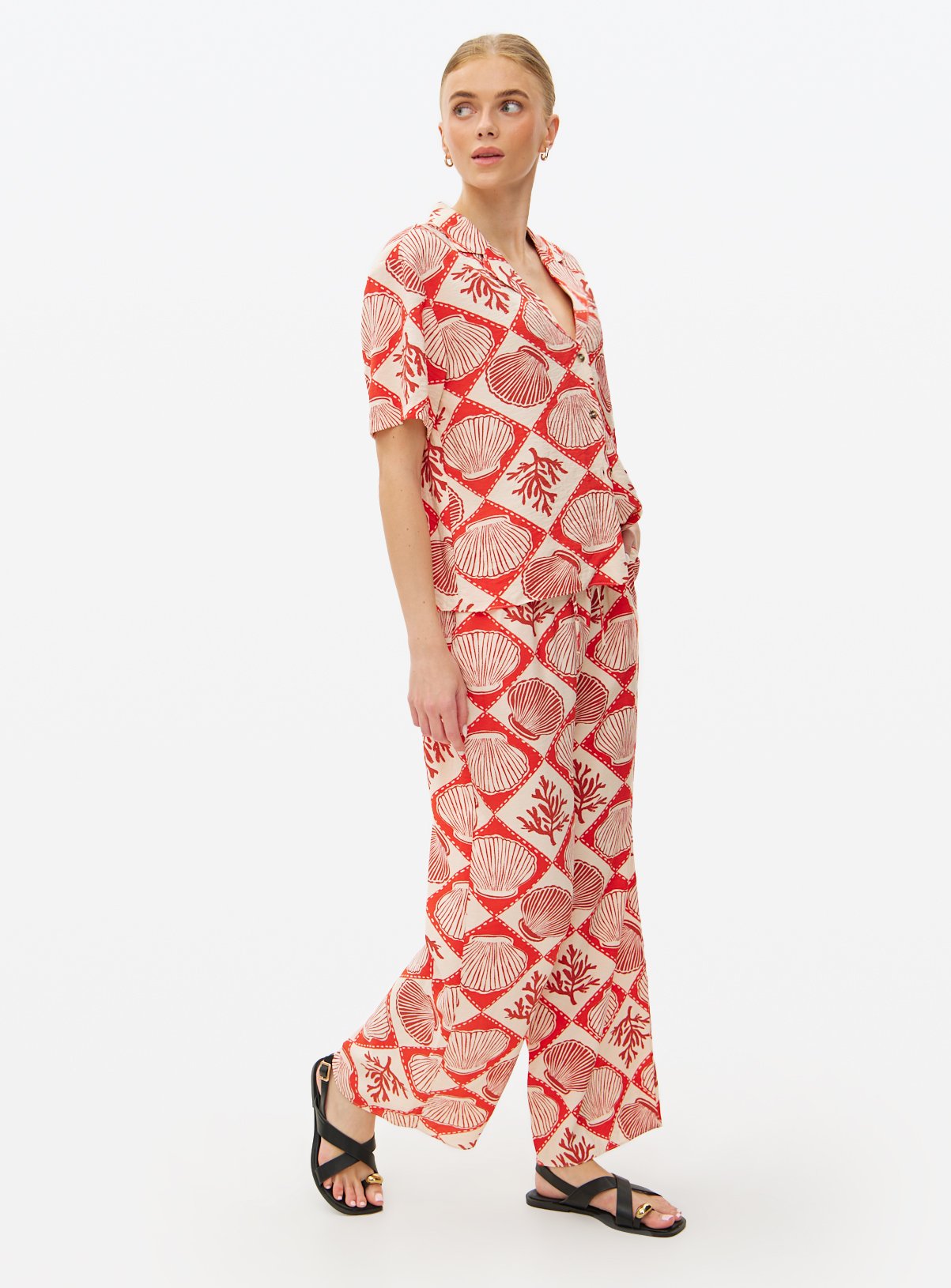 Red Shell Printed Wide Leg Co-ord Trousers 