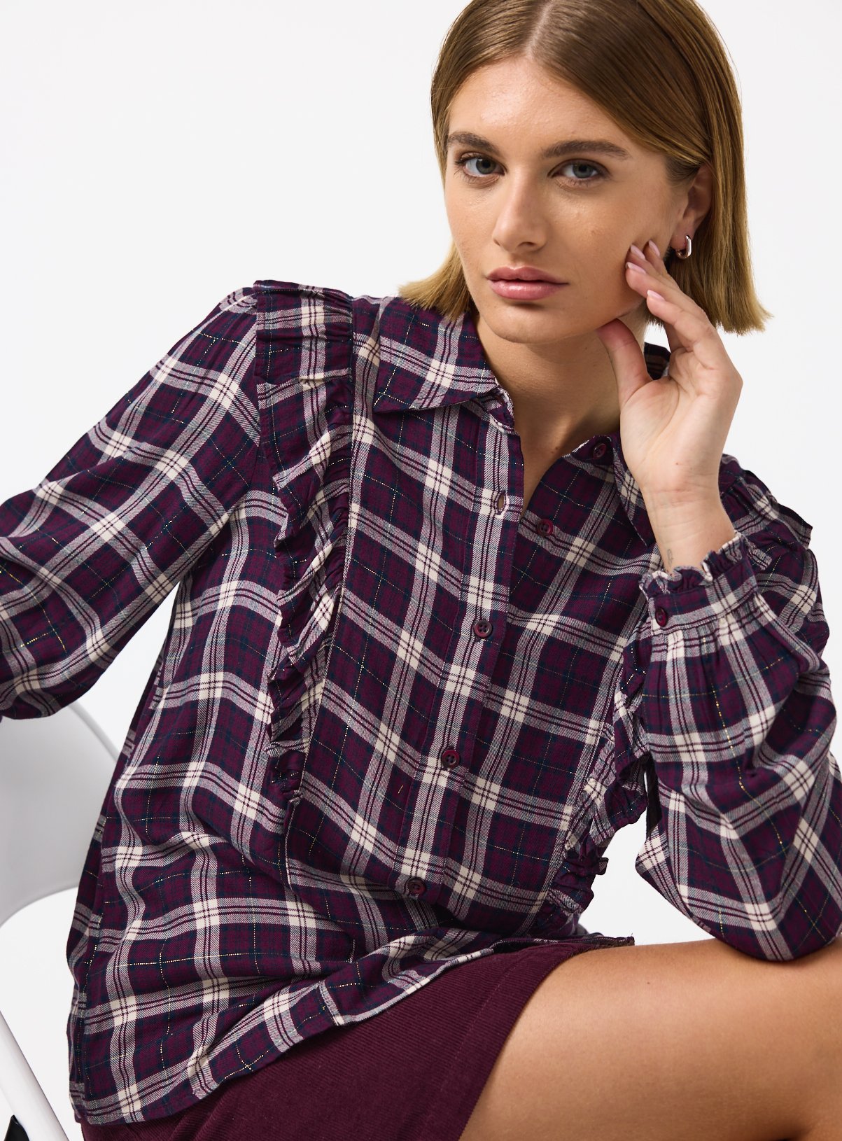Berry Red Frill Detail Check Blouse 20