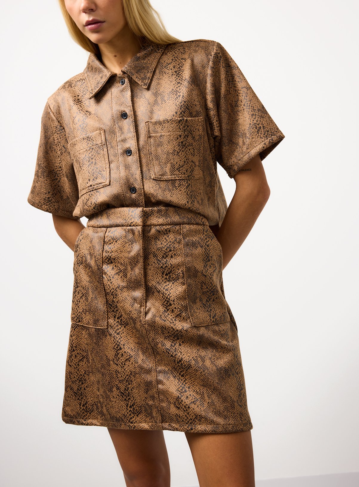 Brown Snake Printed Faux Leather Co-ord Mini Skirt
