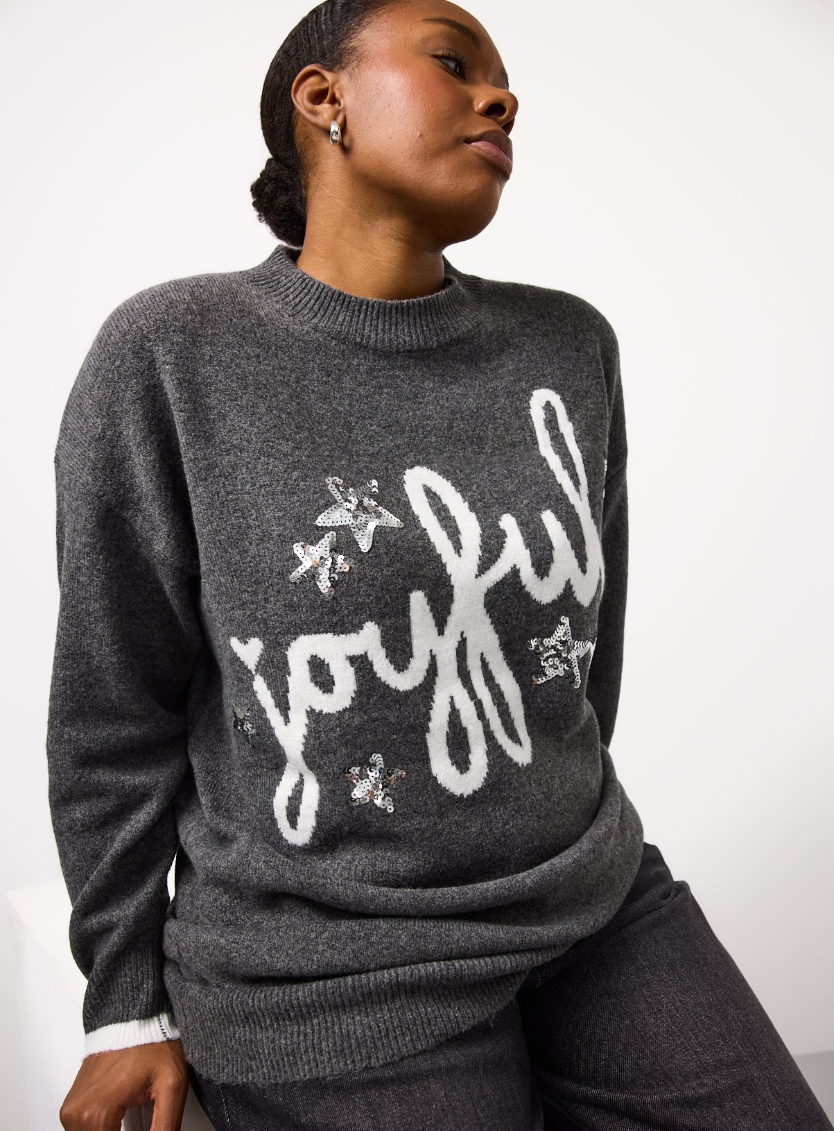 Grey Joyful Slogan Christmas Jumper 